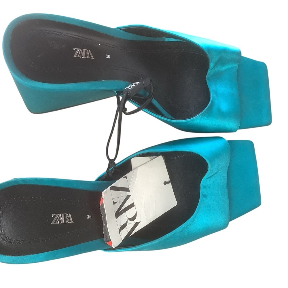 Zara Satin Teal Mule Heels Square Toe Slip On Sandals NWT Sz 6 (36) - Picture 7 of 8